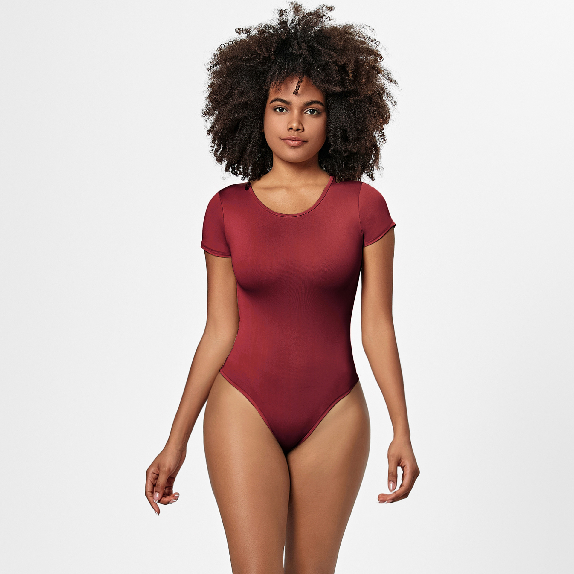 Womens Seamless Short Sleeve Bodysuit - Round Neck Thong Body Shaper